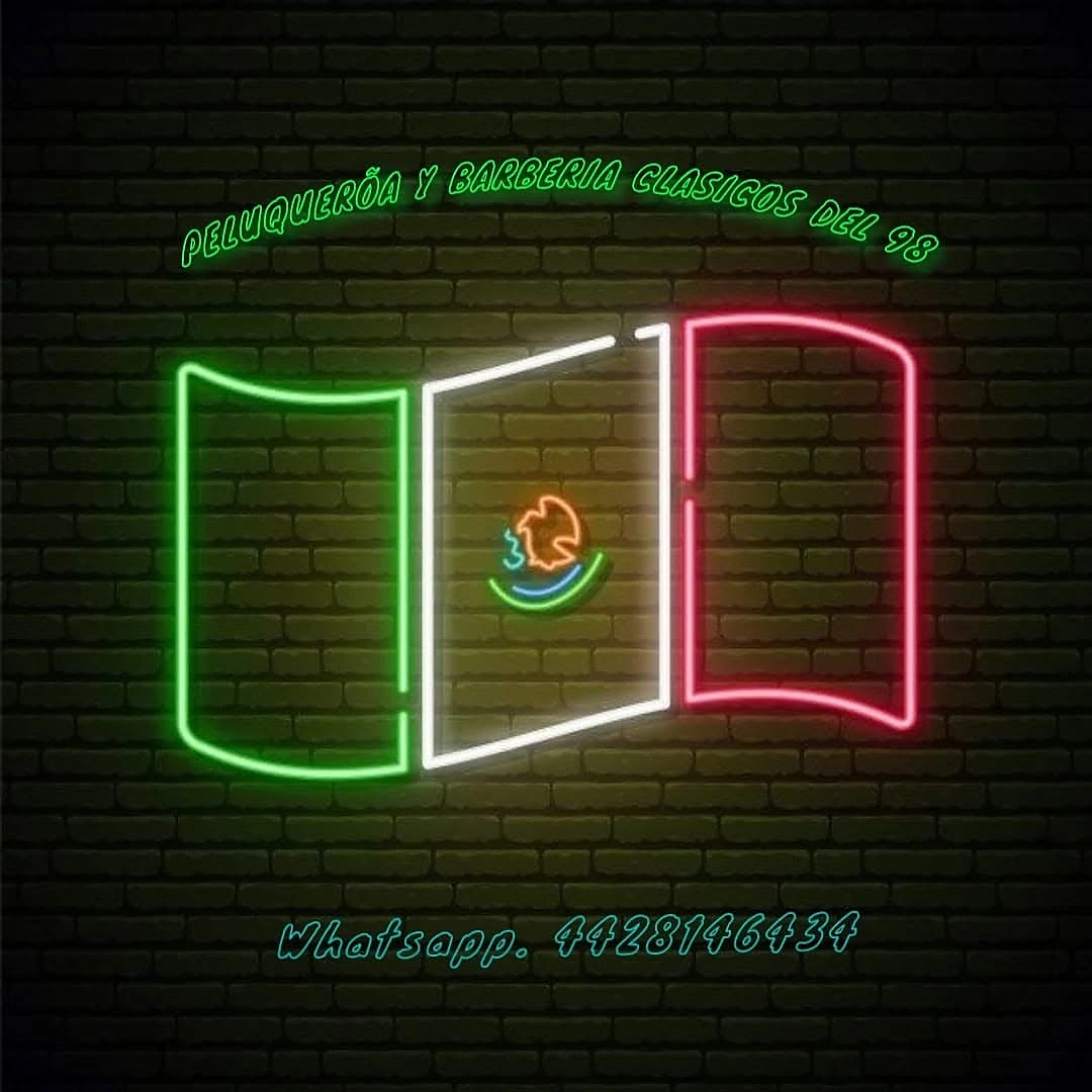 Peluquería y Barbería Clásicos del 98, gráfico neón con colores de México